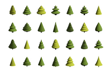 Obraz premium Set Christmas tree holiday decoration. 3D rendering abstract fir for new year celebration.