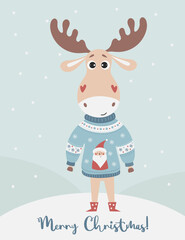 Christmas postcard with cute deer. Cartoon character animal elk in christmas sweater with santa on and text Merry Christmas. Vector illustration