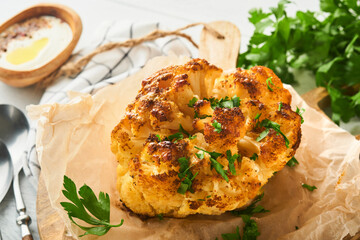 Baked cauliflower. Oven or whole baked cauliflower spices and herbs server on wooden rustic board on old white wooden background table. Delicious cauliflower. Eyal Shani dish. Perfect tasty snack.