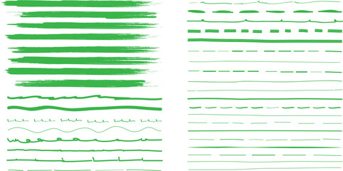 Green brush stroke set isolated on background. Collection of trendy brush stroke vector for green ink paint, grunge backdrop, dirt banner, watercolor design and dirty texture. Brush stroke vector