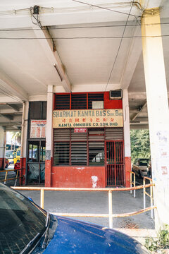 Perak, Malaysia - Aug 12, 2022 : Bus station ticket counter in Tapah, a unique place with vintage buildings.