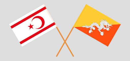 Crossed flags of Northern Cyprus and Bhutan. Official colors. Correct proportion