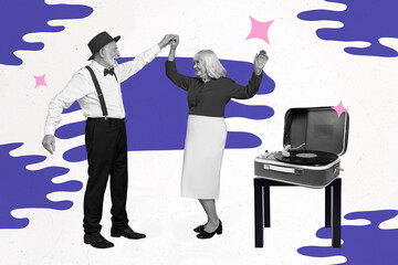 Creative 3d photo collage poster sketch artwork of funny senior two people together black white...