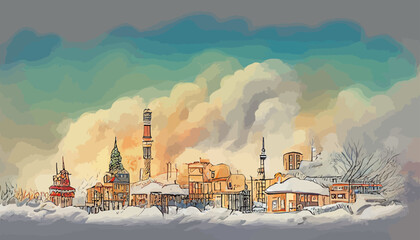 illustration of beautiful town scape on winter on water color drawing style good for print on winter or Christmas card
