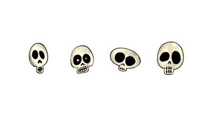 set of skulls on a white background. halloween and day of the dead. doodle drawing with watercolor pencils. for printing postcards, stickers, prints, posters. children's book illustration.
