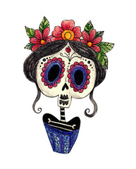 girl in traditional costume on the day of all the dead. Mexico. doodle drawing with watercolor...