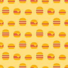 Burger seamless pattern. Burger of different types in retro color palette. Food concept in flat design. Retro design for print on wrapping paper, wallpaper, fabric, packing. Vector illustration