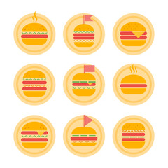 Burger icon set. Fast food sign. Burger of different types in retro color palette. Street food icon. Isolated icons burger, hamburger, cheeseburger. Logo for menu pub, restaurant. Vector illustration