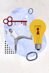 Collage photo of young student funny guy office manager worker hold key genius decision solution...