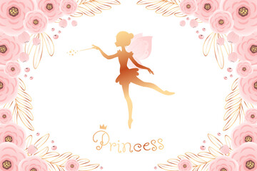Golden fairy princess baby shower backdrop. Birthday party background with a little pixie silhouette and a beautiful floral frame. Vector illustration 10 EPS. © slybrowney