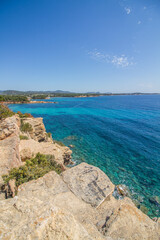 Beautiful seascape of the Mediterranean Sea and rocky coast of Ibiza island near Santa Eulalia del Rio, Spain (vertical) 