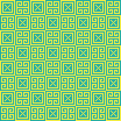 Yellow cross-stitch knitting pattern on green background. Yellow square dots on green backdrop. Monochrome fabric pattern design for sale. Knitting handicraft art.
