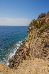 Beautiful seascape of the Mediterranean Sea and rocky coast of Ibiza island near Santa Eulalia del Rio, Spain