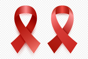 Vector 3d Realistic Red Ribbon Set. Leukemia Cancer Awareness Symbol Closeup. World Aids Day. Blood Cancer Ribbon Template. World Leukemia Cancer Day Concept