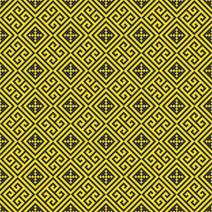 Yellow cross-stitch knitting pattern on black background. Yellow square dots on black backdrop. Monochrome fabric pattern design for sale. Knitting handicraft art.