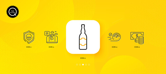Fototapeta na wymiar Coins banknote, Beer bottle and Speedometer minimal line icons. Yellow abstract background. Cyber attack, Travel luggage icons. For web, application, printing. Vector