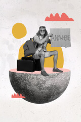 Creative photo 3d collage poster postcard artwork of happy person boy sitting part earth catch car...