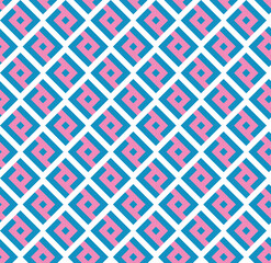 Blue L-shaped interlaced pattern on pink background. Blue interlocking pattern on pink backdrop.