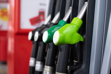 Detail of fuel pumps in european gas station - inflation, rising prices, economy, speculation...
