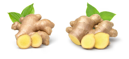 Close-up, Fresh ginger rhizome with sliced and green leaves isolated on white background, set