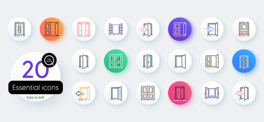 Entrance line icons. Bicolor outline web elements. Open door, Building entry, Emergency exit. Closed doorway, Doorframe, House entrance outline icons. Door knob, home entry, building access. Vector