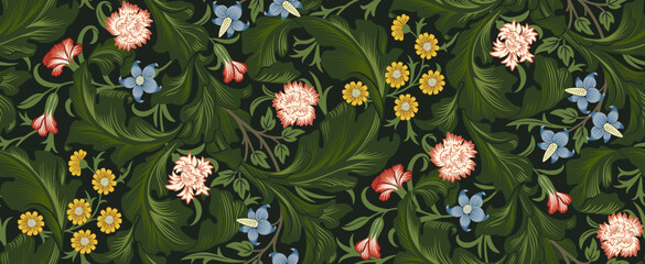 Floral seamless pattern with flowers and foliage on dark background. Vector illustration. - 531715820