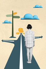 Creative 3d photo collage poster postcard artwork of girl lost way dont know right way isolated on painting background