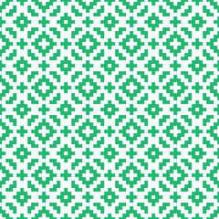Green cross-stitch knitting pattern on white background. Green square dots on white backdrop. Monochrome fabric pattern design for sale. Knitting handicraft art.