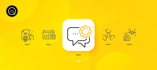 Fototapeta na wymiar Voice wave, Chemical hazard and Certificate minimal line icons. Yellow abstract background. Calendar, Employees messenger icons. For web, application, printing. Vector