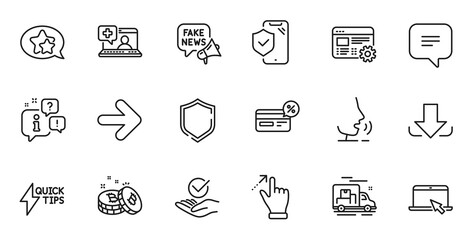 Outline set of Quickstart guide, Cashback and Download line icons for web application. Talk, information, delivery truck outline icon. Vector