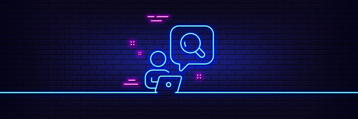 Neon light glow effect. Inspect line icon. Online search sign. Find information symbol. 3d line neon glow icon. Brick wall banner. Inspect outline. Vector