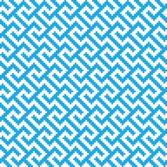 Blue cross-stitch knitting pattern on white background. Blue square dots on white backdrop. Monochrome fabric pattern design for sale. Knitting handicraft art.