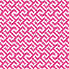 Pink cross-stitch knitting pattern on white background. Pink square dots on white backdrop. Monochrome fabric pattern design for sale. Knitting handicraft art.