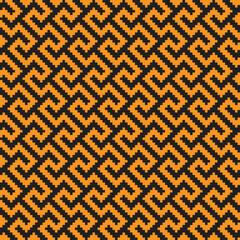 Orange cross-stitch knitting pattern on black background. Orange square dots on black backdrop. Monochrome fabric pattern design for sale. Knitting handicraft art.