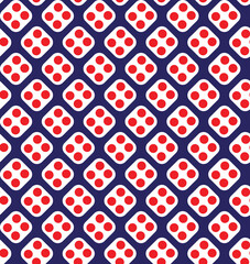 Red and white dice pattern on blue background. Diagonal rounded square and dots pattern on blue backdrop. Modern abstract pattern art.