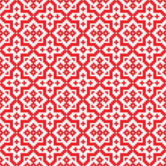 Red cross-stitch knitting pattern on white background. Red square dots on white backdrop. Monochrome fabric pattern design for sale. Knitting handicraft art.