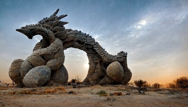 3d Dragon Statue Relic In The Desert