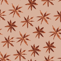 Autumn Seamless pattern with anise stars in watercolor style on transparent background.
