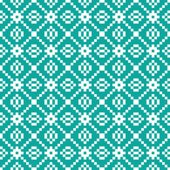 White cross-stitch knitting pattern on blue background. White square dots on blue backdrop. Fabric pattern design for sale. Knitting handicraft art.
