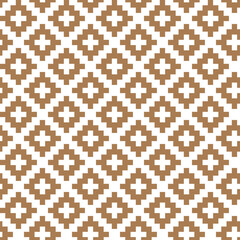 Brown cross-stitch knitting pattern on white background. Brown square dots on white backdrop. Fabric pattern design for sale. Knitting handicraft art.