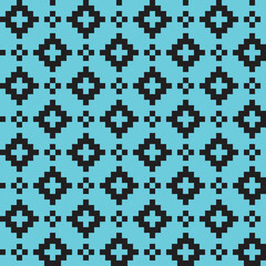 Black cross-stitch knitting pattern on blue background. Black square dots on blue backdrop. Fabric pattern design for sale. Knitting handicraft art.