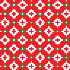 White and green cross-stitch knitting pattern on red background. White and green cloth pattern on red backdrop. Christmas color theme fabric pattern design for sale.  Knitting handicraft art.