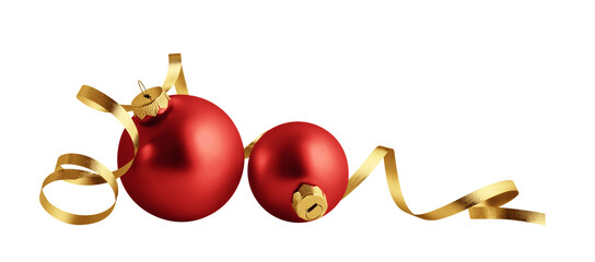 Christmas ornaments isolated on white background. Two red christmas balls with gold ribbon - obrazy, fototapety, plakaty