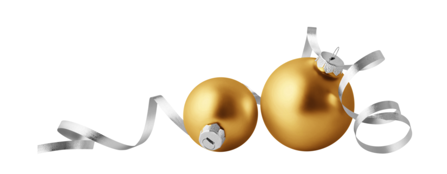 Christmas balls isolated on white background. Two gold christmas ornaments with silver ribbon