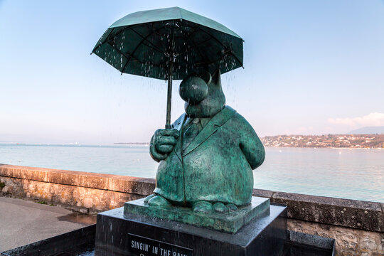 Exhibition of sculptures Le Chat, created by the Belgian cartoon artist Philippe Geluck, along the Leman lakeside, Geneva, Switzerland