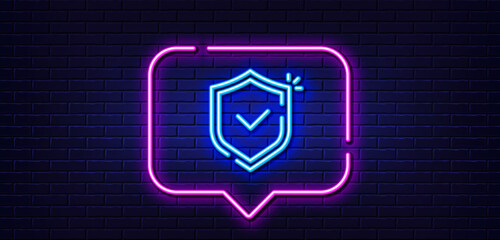 Neon light speech bubble. Shield line icon. Privacy secure sign. Safe defense symbol. Neon light background. Shield glow line. Brick wall banner. Vector