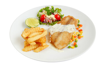 Grilled fish fillet steak with french fries and vegetables butter. coleslaw and cherry tomatoes, lime.