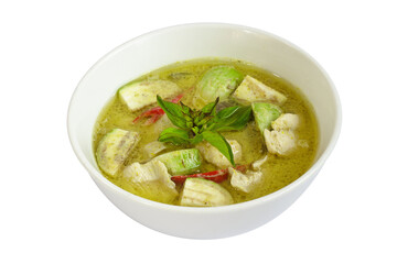 Thai food chicken green curry isolated on white background ,sliced ​​chicken beast fillets, quartered eggplants, pea eggplant, basil leaves and pepper.