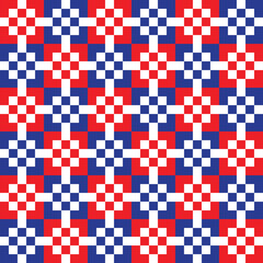 White square dots on red and blue checker pattern background.