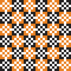 White and yellow square dots on black and orange checker pattern background. Halloween background.